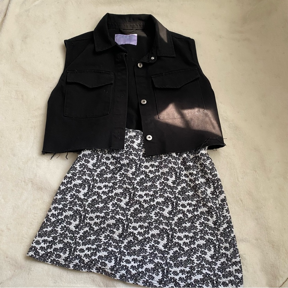 Outfit Set, Skater Skirt, Denim Vest, Cropped, XS, Sold together, black & white